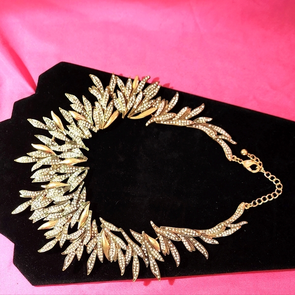Statement necklace, lots of rhinestones, bronze Leaf, vintage sparkling - Picture 4 of 12